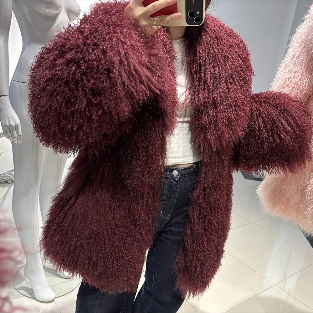 YOLOAgain White Mongolia Sheep Fur Jacket Women 2025 Winter Real Fur Jacket Coat