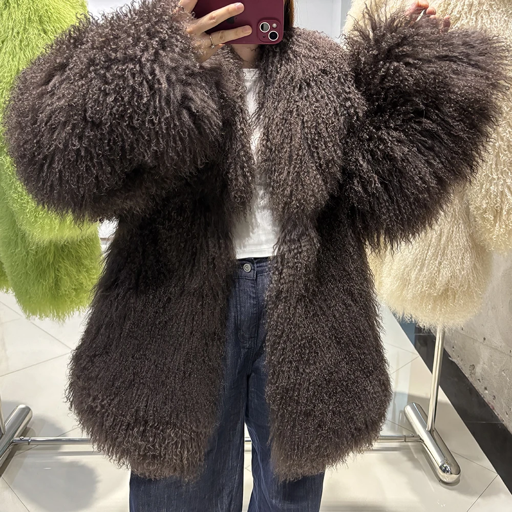 YOLOAgain White Mongolia Sheep Fur Jacket Women 2025 Winter Real Fur Jacket Coat