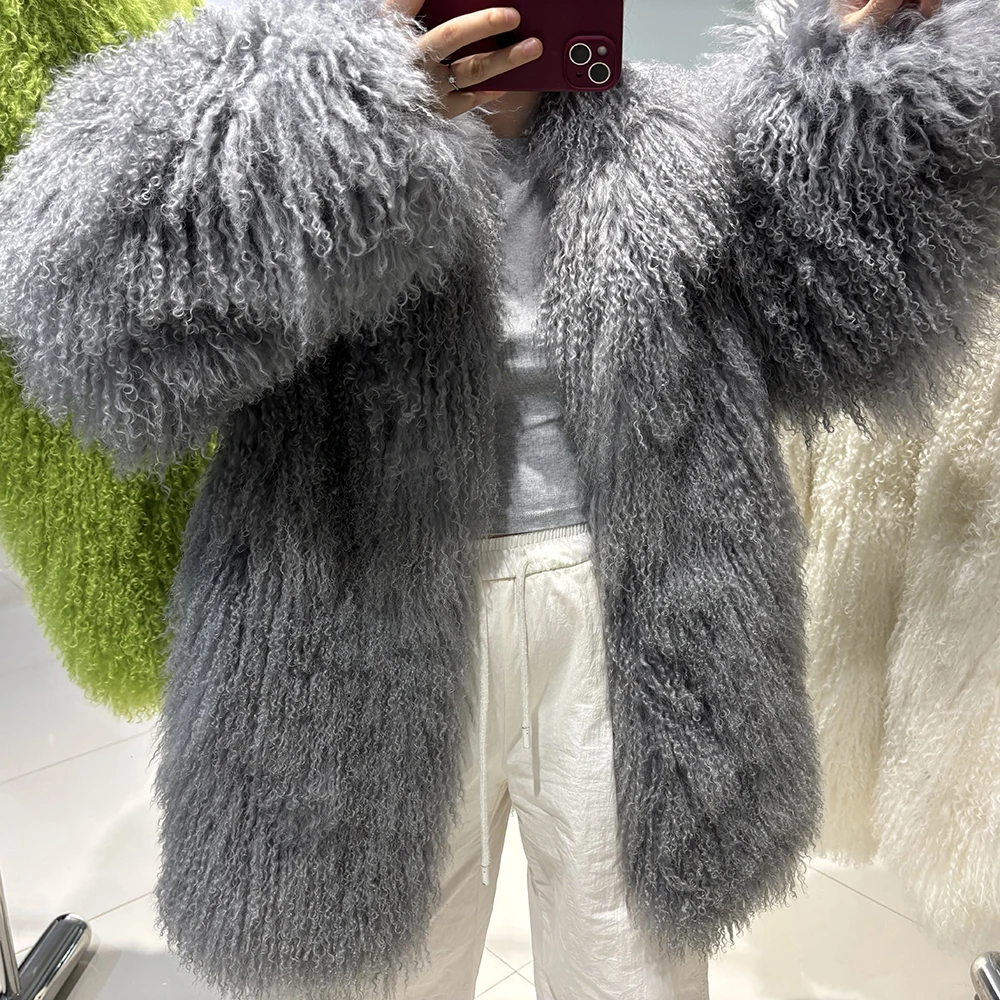 YOLOAgain White Mongolia Sheep Fur Jacket Women 2025 Winter Real Fur Jacket Coat