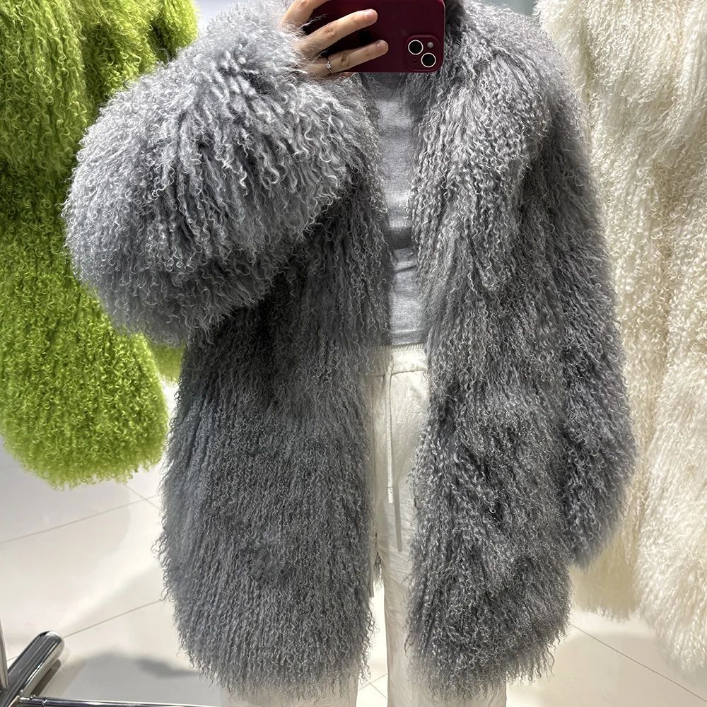 YOLOAgain White Mongolia Sheep Fur Jacket Women 2025 Winter Real Fur Jacket Coat