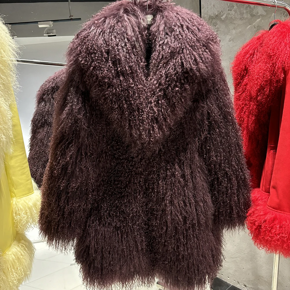 YOLOAgain White Mongolia Sheep Fur Jacket Women 2025 Winter Real Fur Jacket Coat