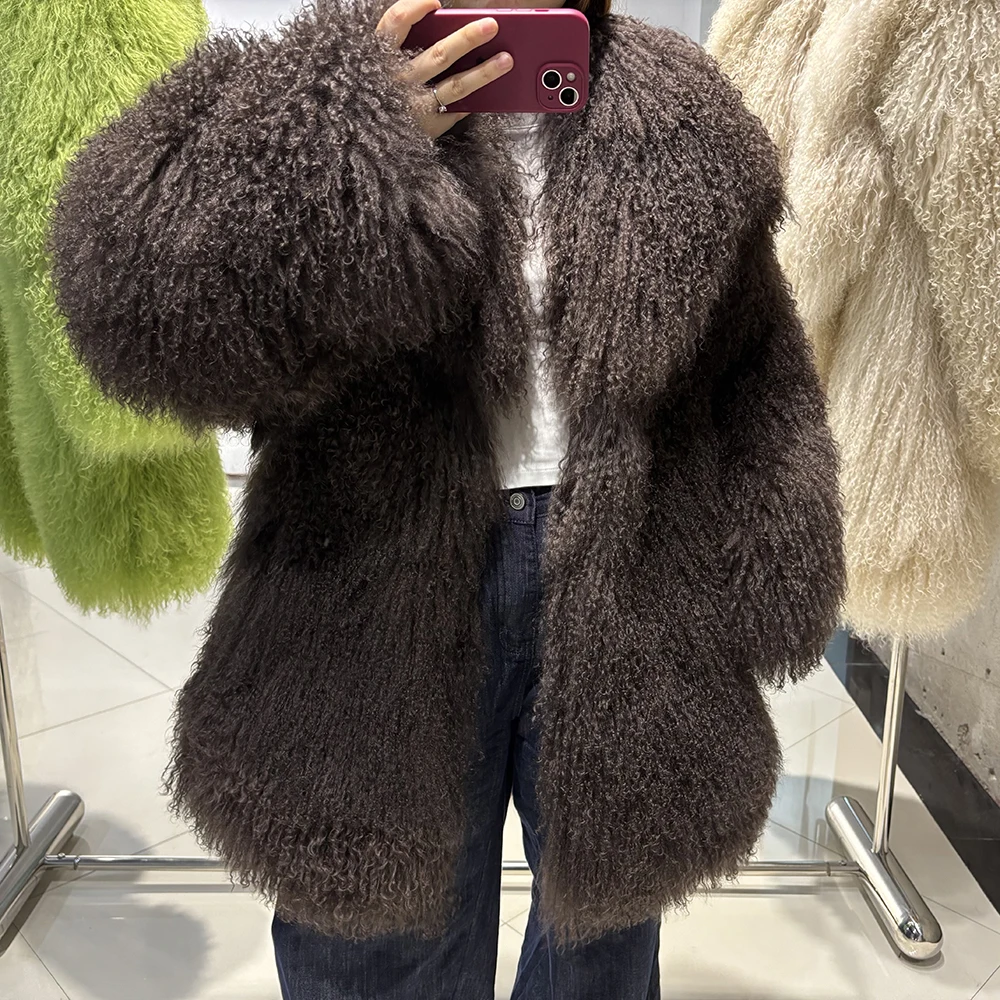 YOLOAgain White Mongolia Sheep Fur Jacket Women 2025 Winter Real Fur Jacket Coat