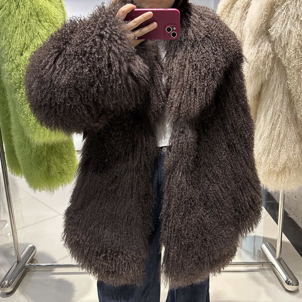 YOLOAgain White Mongolia Sheep Fur Jacket Women 2025 Winter Real Fur Jacket Coat