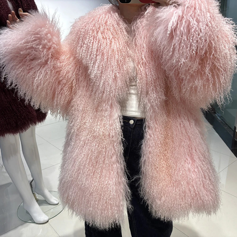 YOLOAgain White Mongolia Sheep Fur Jacket Women 2025 Winter Real Fur Jacket Coat