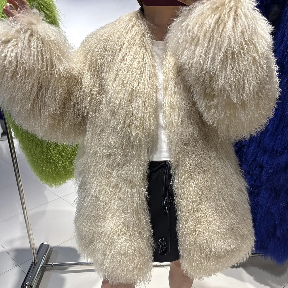 YOLOAgain White Mongolia Sheep Fur Jacket Women 2025 Winter Real Fur Jacket Coat