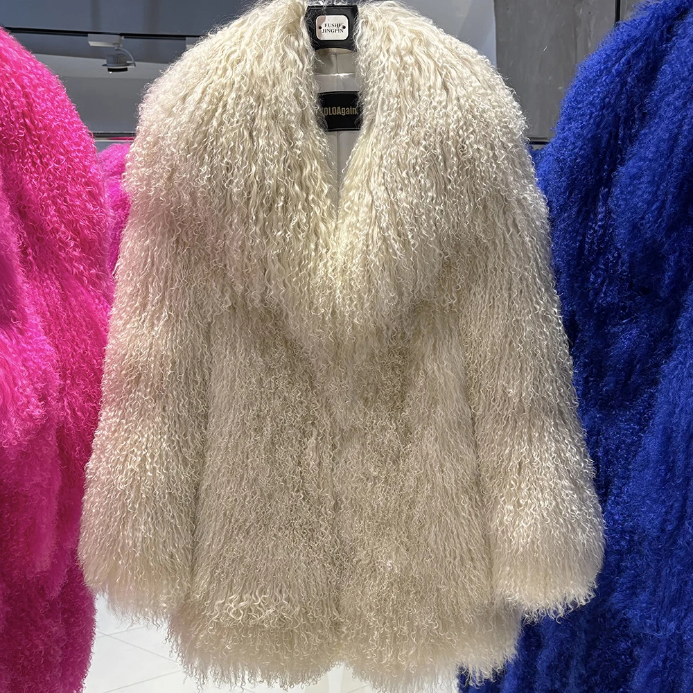 YOLOAgain White Mongolia Sheep Fur Jacket Women 2025 Winter Real Fur Jacket Coat