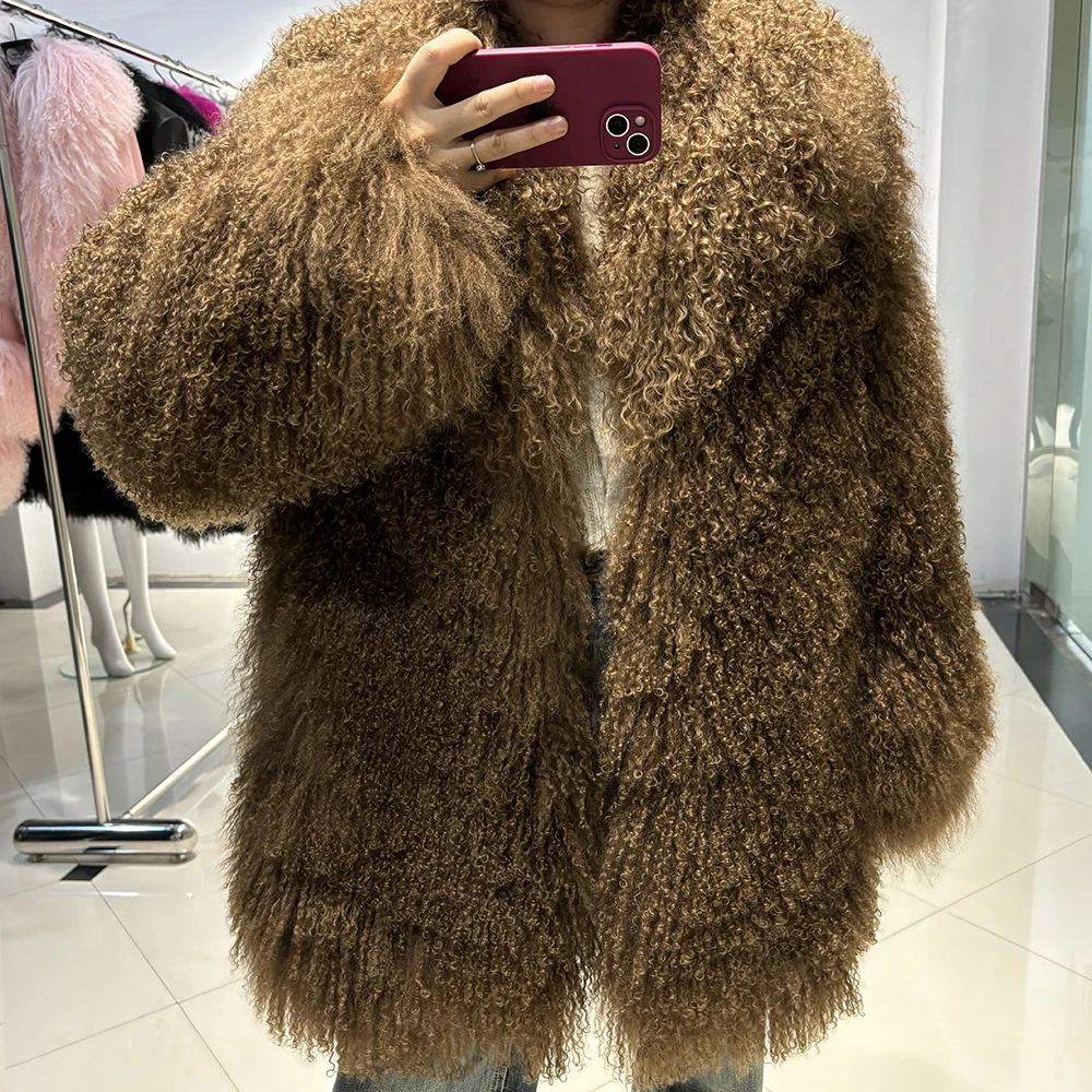 YOLOAgain White Mongolia Sheep Fur Jacket Women 2025 Winter Real Fur Jacket Coat