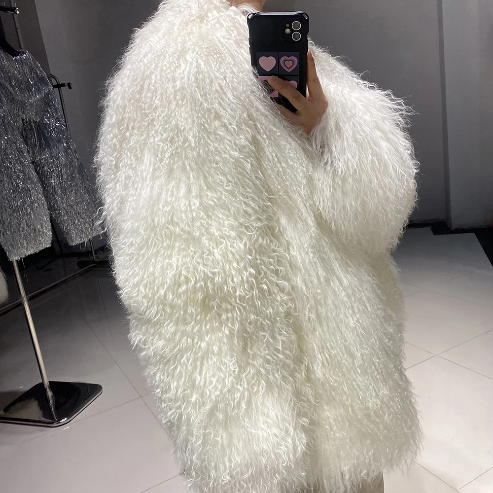 YOLOAgain White Mongolia Sheep Fur Jacket Women 2025 Winter Real Fur Jacket Coat