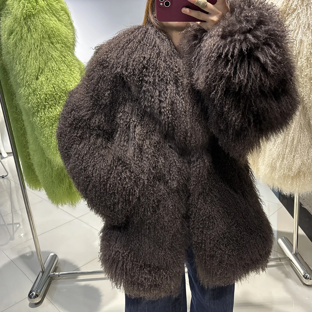 YOLOAgain White Mongolia Sheep Fur Jacket Women 2025 Winter Real Fur Jacket Coat