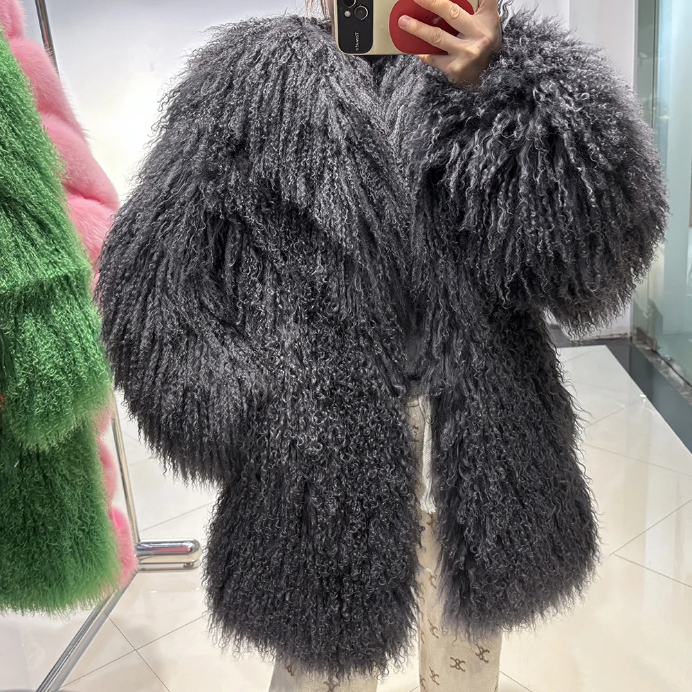 YOLOAgain White Mongolia Sheep Fur Jacket Women 2025 Winter Real Fur Jacket Coat