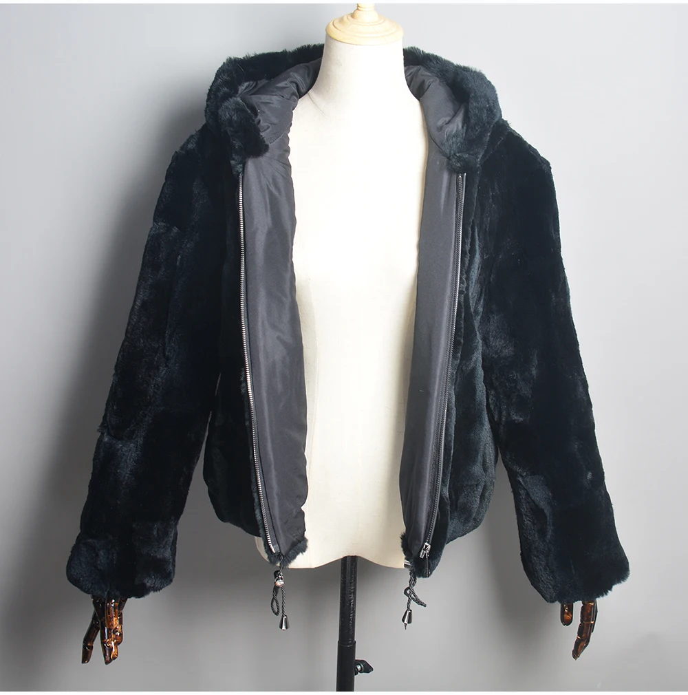 Luxury Women Winter Warm Real Rex Rabbit Fur Hooded Coat Natural Rex Rabbit Fur Jackets Lady Thick Real Rex Rabbit Fur Overcoat