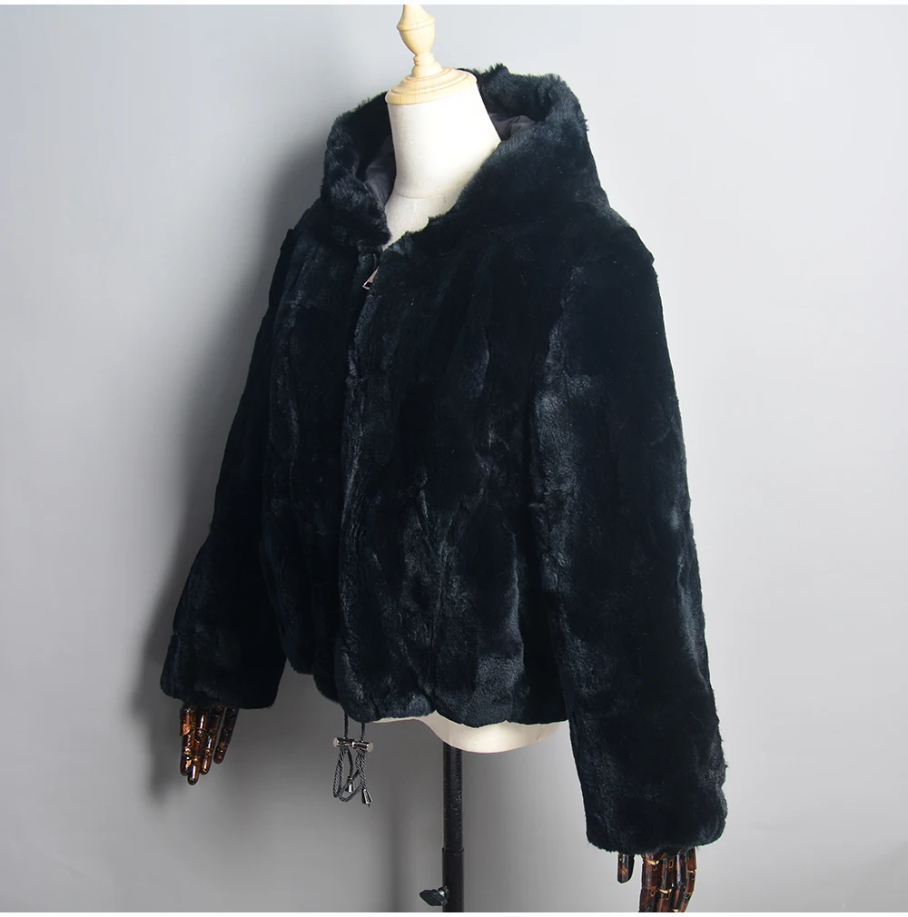 Luxury Women Winter Warm Real Rex Rabbit Fur Hooded Coat Natural Rex Rabbit Fur Jackets Lady Thick Real Rex Rabbit Fur Overcoat