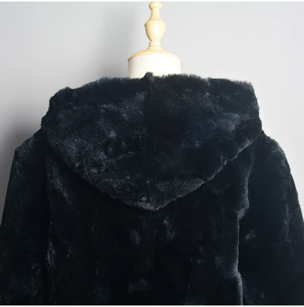 Luxury Women Winter Warm Real Rex Rabbit Fur Hooded Coat Natural Rex Rabbit Fur Jackets Lady Thick Real Rex Rabbit Fur Overcoat