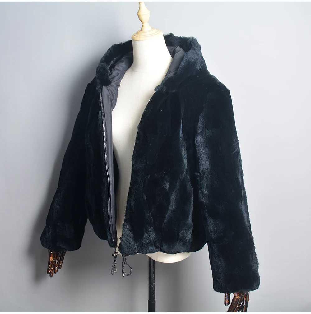 Luxury Women Winter Warm Real Rex Rabbit Fur Hooded Coat Natural Rex Rabbit Fur Jackets Lady Thick Real Rex Rabbit Fur Overcoat