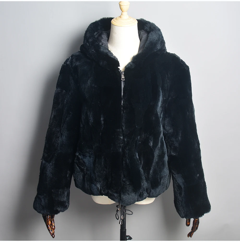 Luxury Women Winter Warm Real Rex Rabbit Fur Hooded Coat Natural Rex Rabbit Fur Jackets Lady Thick Real Rex Rabbit Fur Overcoat