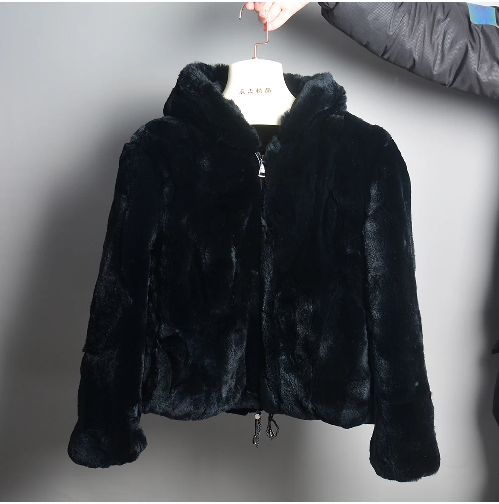 Luxury Women Winter Warm Real Rex Rabbit Fur Hooded Coat Natural Rex Rabbit Fur Jackets Lady Thick Real Rex Rabbit Fur Overcoat