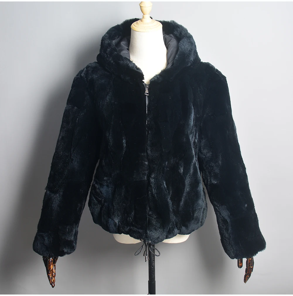 Luxury Women Winter Warm Real Rex Rabbit Fur Hooded Coat Natural Rex Rabbit Fur Jackets Lady Thick Real Rex Rabbit Fur Overcoat