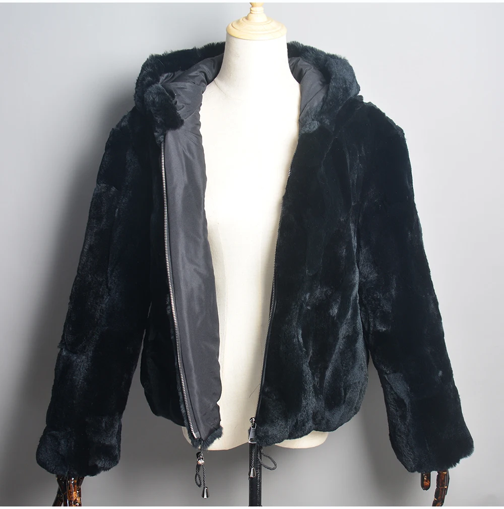 Luxury Women Winter Warm Real Rex Rabbit Fur Hooded Coat Natural Rex Rabbit Fur Jackets Lady Thick Real Rex Rabbit Fur Overcoat