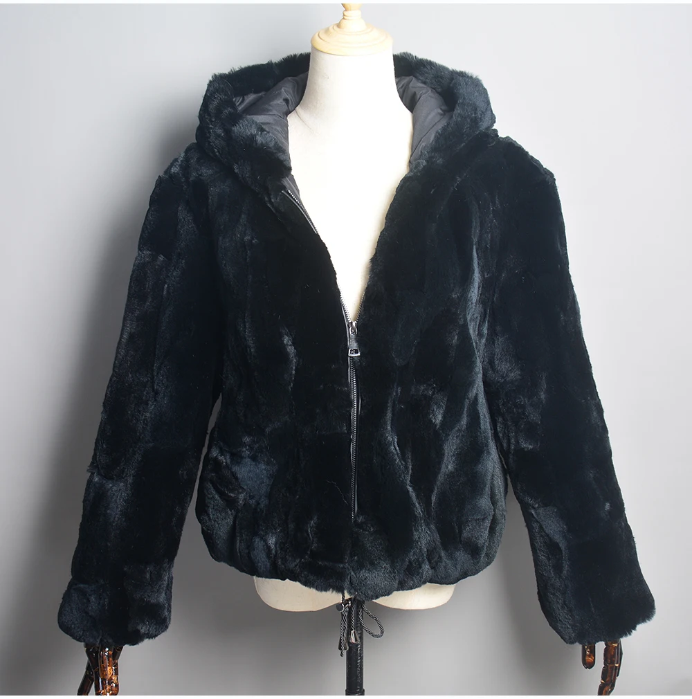 Luxury Women Winter Warm Real Rex Rabbit Fur Hooded Coat Natural Rex Rabbit Fur Jackets Lady Thick Real Rex Rabbit Fur Overcoat