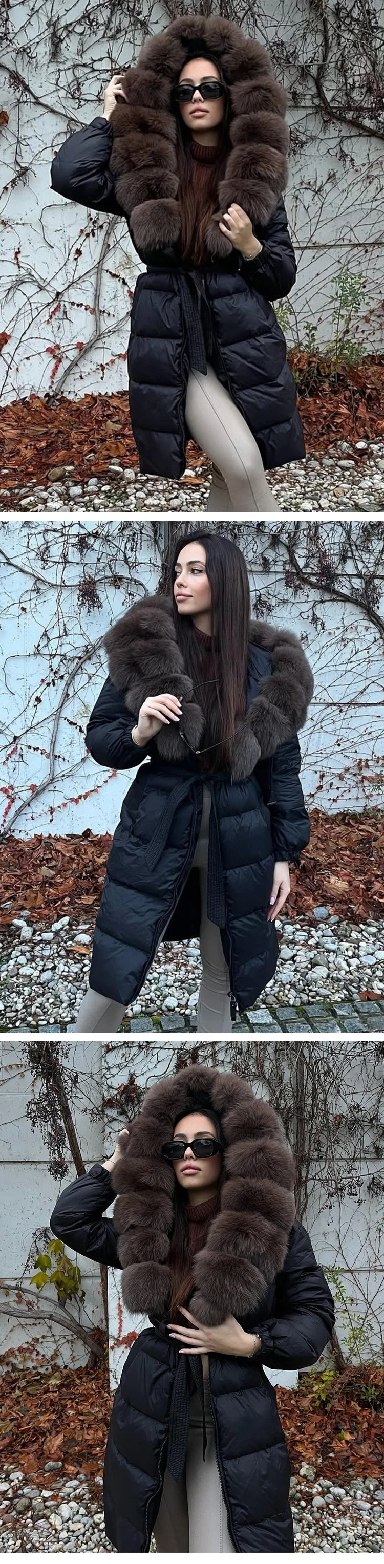 2025 New Winter Puffer Belted Jacket Women Large Real Fox Fur Hooded Thicken Warm 90% White Duck Down Coat Waterproof Long Parka
