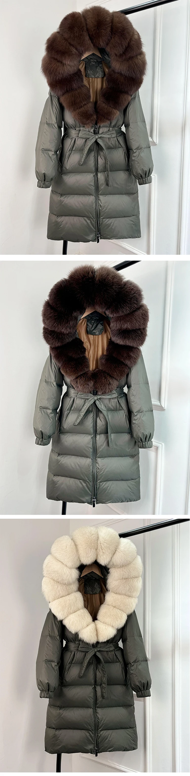2025 New Winter Puffer Belted Jacket Women Large Real Fox Fur Hooded Thicken Warm 90% White Duck Down Coat Waterproof Long Parka