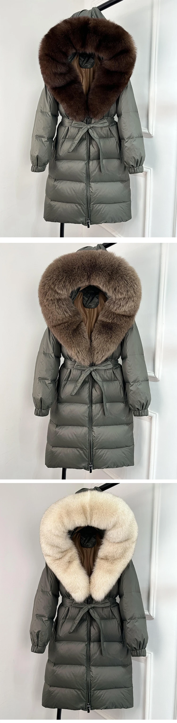 2025 New Winter Puffer Belted Jacket Women Large Real Fox Fur Hooded Thicken Warm 90% White Duck Down Coat Waterproof Long Parka