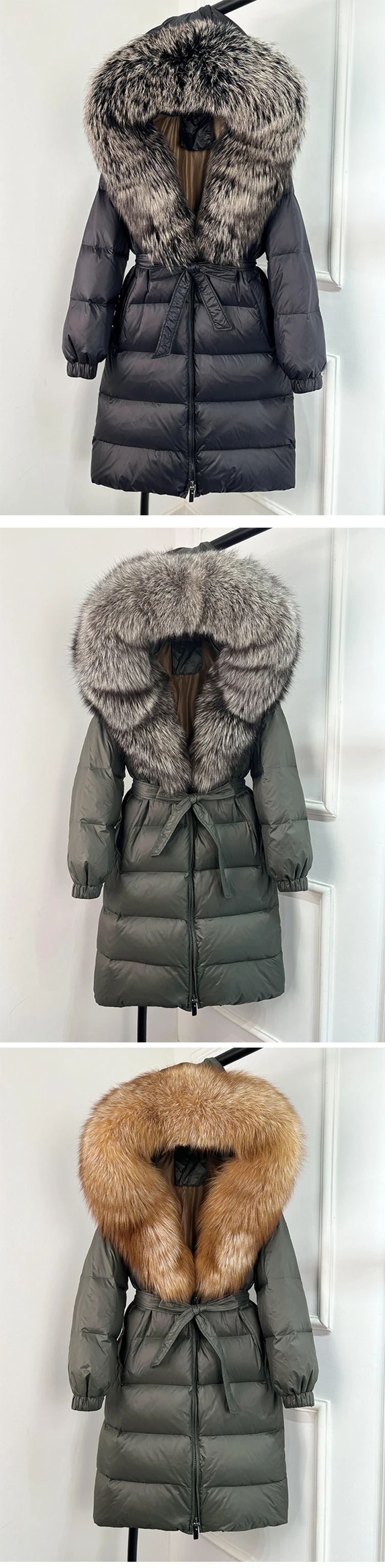 2025 New Winter Puffer Belted Jacket Women Large Real Fox Fur Hooded Thicken Warm 90% White Duck Down Coat Waterproof Long Parka
