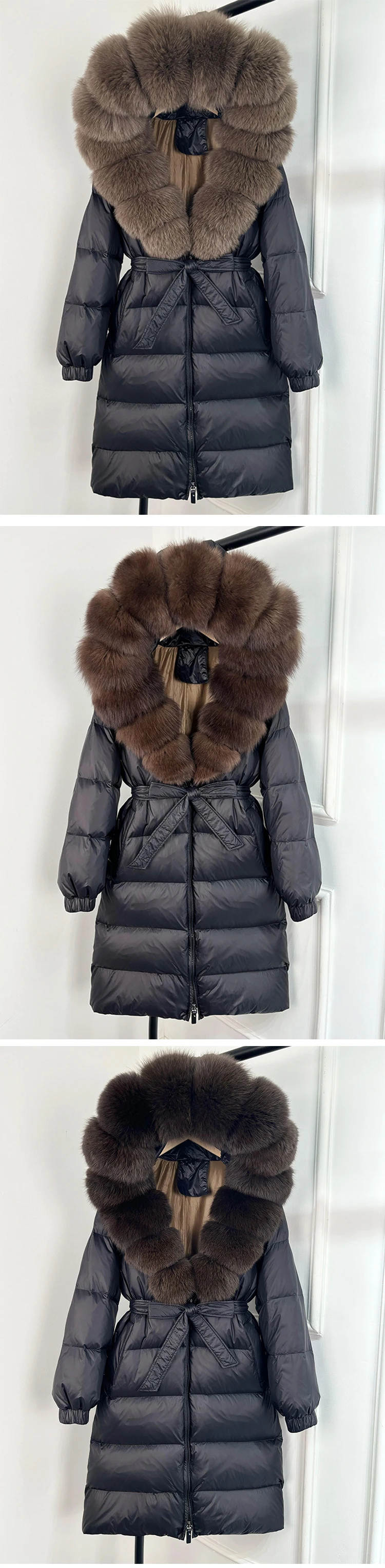 2025 New Winter Puffer Belted Jacket Women Large Real Fox Fur Hooded Thicken Warm 90% White Duck Down Coat Waterproof Long Parka