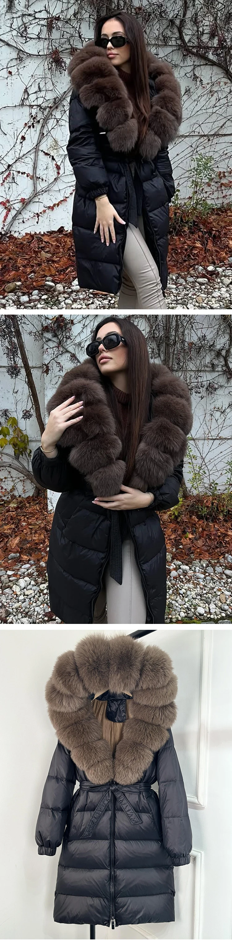 2025 New Winter Puffer Belted Jacket Women Large Real Fox Fur Hooded Thicken Warm 90% White Duck Down Coat Waterproof Long Parka