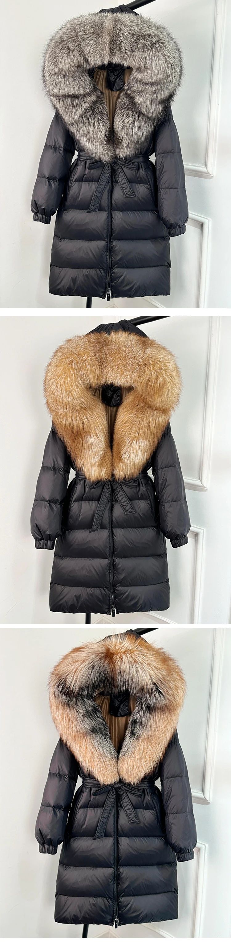 2025 New Winter Puffer Belted Jacket Women Large Real Fox Fur Hooded Thicken Warm 90% White Duck Down Coat Waterproof Long Parka