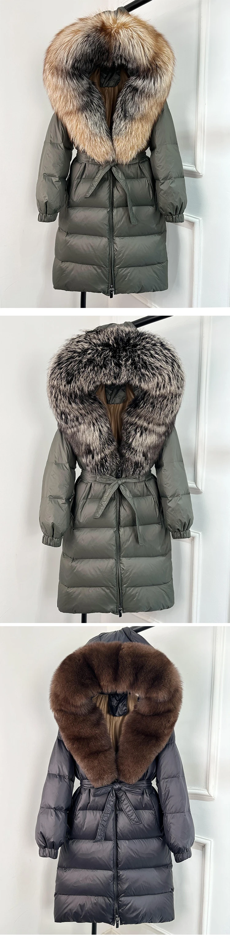 2025 New Winter Puffer Belted Jacket Women Large Real Fox Fur Hooded Thicken Warm 90% White Duck Down Coat Waterproof Long Parka