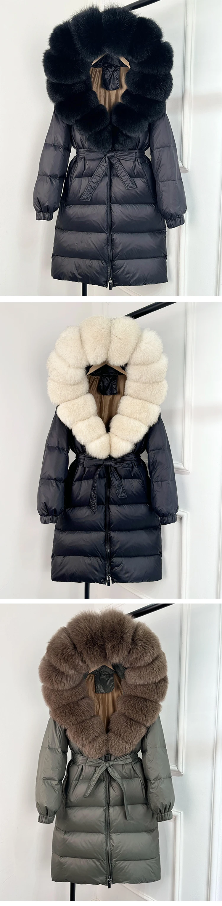 2025 New Winter Puffer Belted Jacket Women Large Real Fox Fur Hooded Thicken Warm 90% White Duck Down Coat Waterproof Long Parka