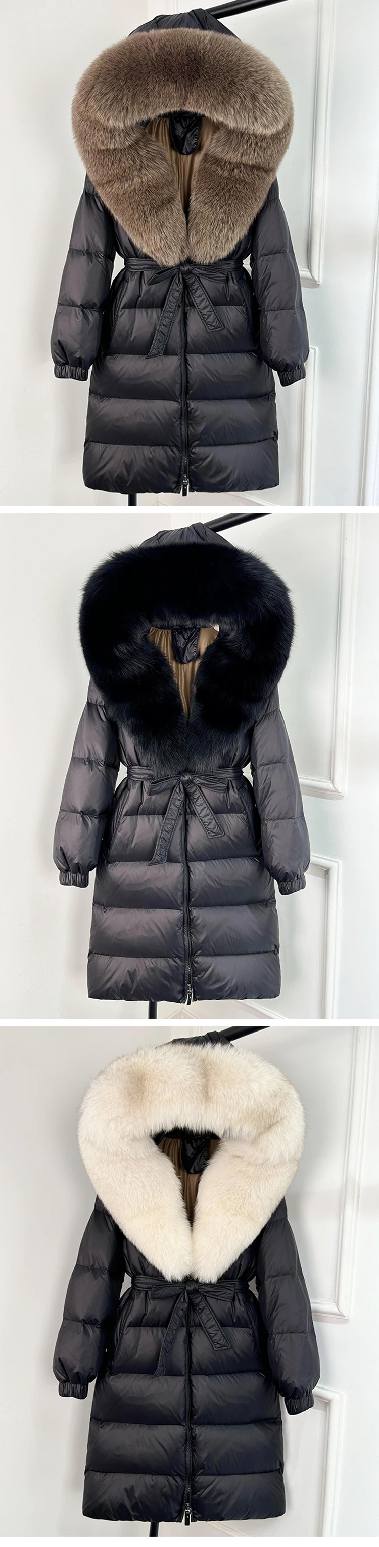 2025 New Winter Puffer Belted Jacket Women Large Real Fox Fur Hooded Thicken Warm 90% White Duck Down Coat Waterproof Long Parka
