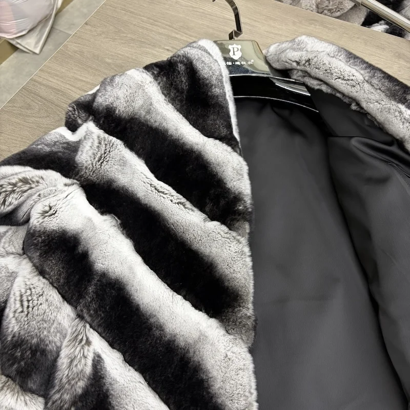 Women Natural Real Rex Rabbit Fur Coat Faux Chinchilla Pattern V‑Neck Short Jacket Natural Fur Coat Winter Warm Luxury Outerwear