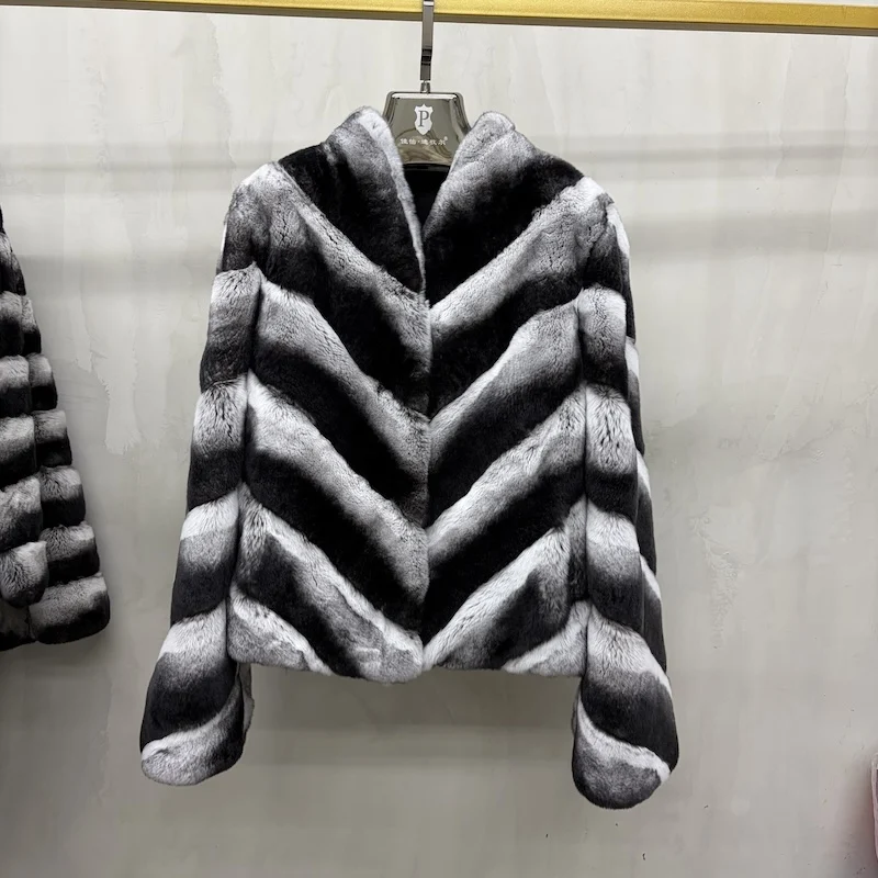 Women Natural Real Rex Rabbit Fur Coat Faux Chinchilla Pattern V‑Neck Short Jacket Natural Fur Coat Winter Warm Luxury Outerwear