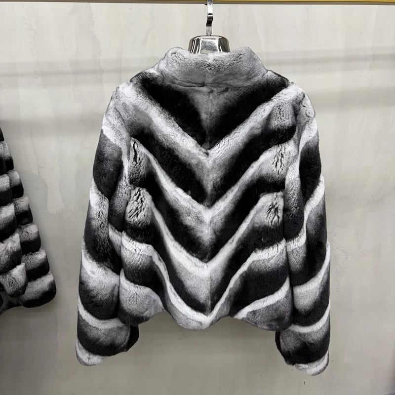 Women Natural Real Rex Rabbit Fur Coat Faux Chinchilla Pattern V‑Neck Short Jacket Natural Fur Coat Winter Warm Luxury Outerwear