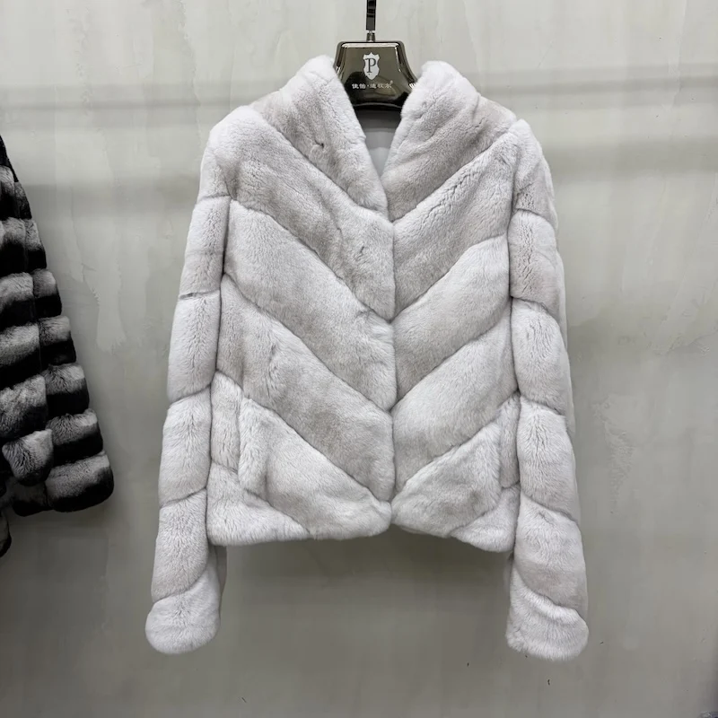 Women Natural Real Rex Rabbit Fur Coat Faux Chinchilla Pattern V‑Neck Short Jacket Natural Fur Coat Winter Warm Luxury Outerwear
