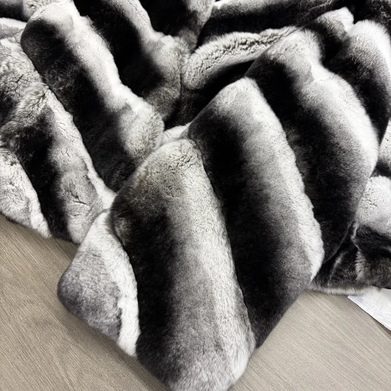 Women Natural Real Rex Rabbit Fur Coat Faux Chinchilla Pattern V‑Neck Short Jacket Natural Fur Coat Winter Warm Luxury Outerwear