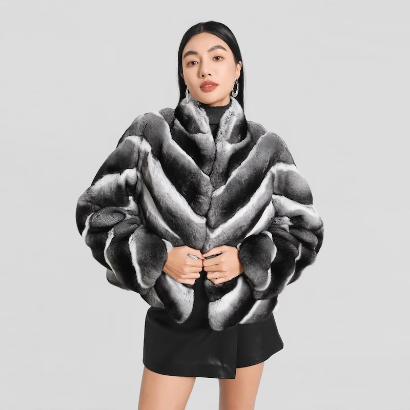 Women Natural Real Rex Rabbit Fur Coat Faux Chinchilla Pattern V‑Neck Short Jacket Natural Fur Coat Winter Warm Luxury Outerwear