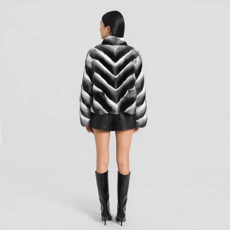 Women Natural Real Rex Rabbit Fur Coat Faux Chinchilla Pattern V‑Neck Short Jacket Natural Fur Coat Winter Warm Luxury Outerwear