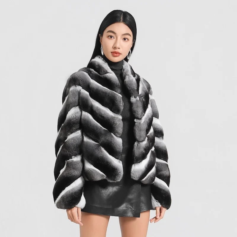 Women Natural Real Rex Rabbit Fur Coat Faux Chinchilla Pattern V‑Neck Short Jacket Natural Fur Coat Winter Warm Luxury Outerwear