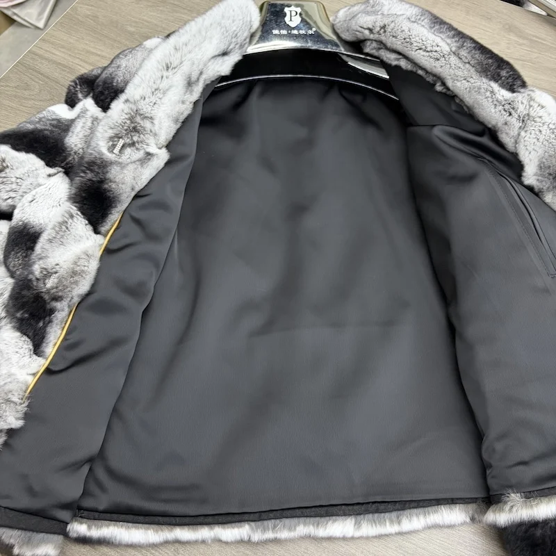 Women Natural Real Rex Rabbit Fur Coat Faux Chinchilla Pattern V‑Neck Short Jacket Natural Fur Coat Winter Warm Luxury Outerwear