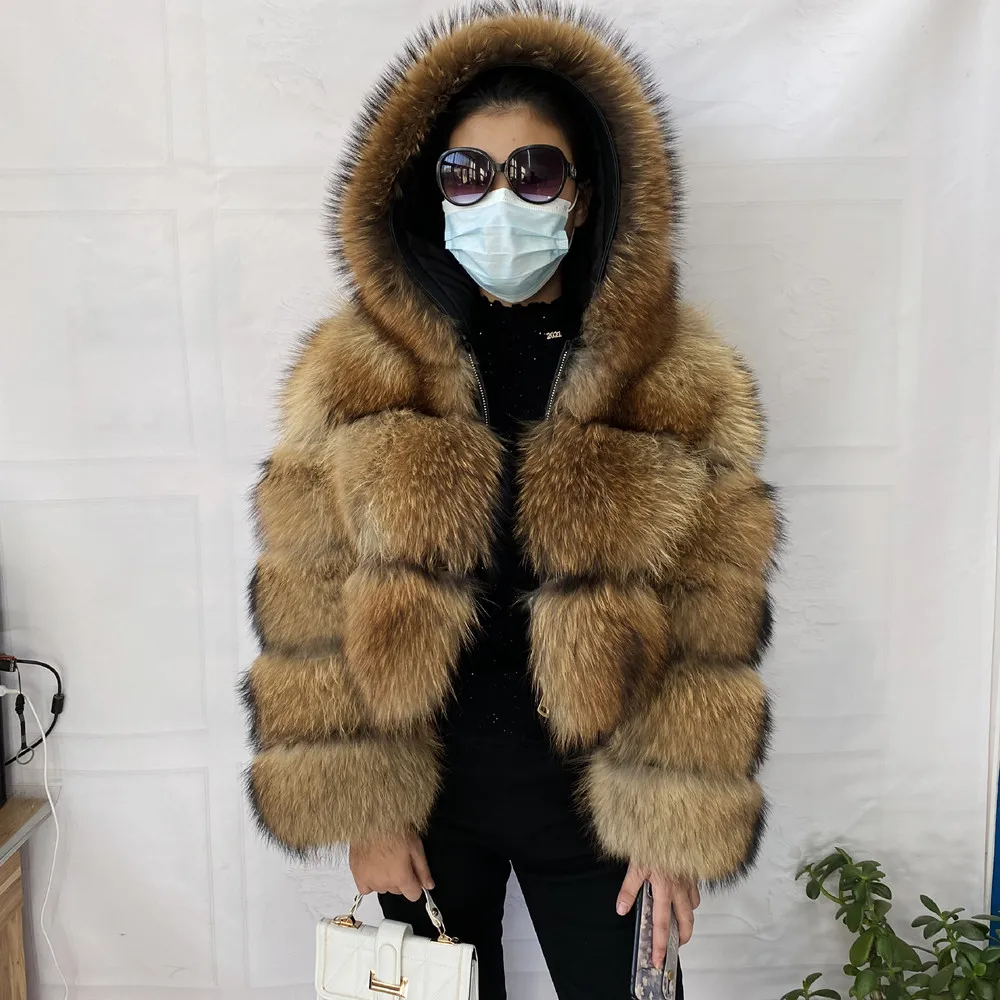 Natural Raccoon Real Raccoon Coat Women Winter Warm Thick Natural Coats Long Sleeve Plus/Size
