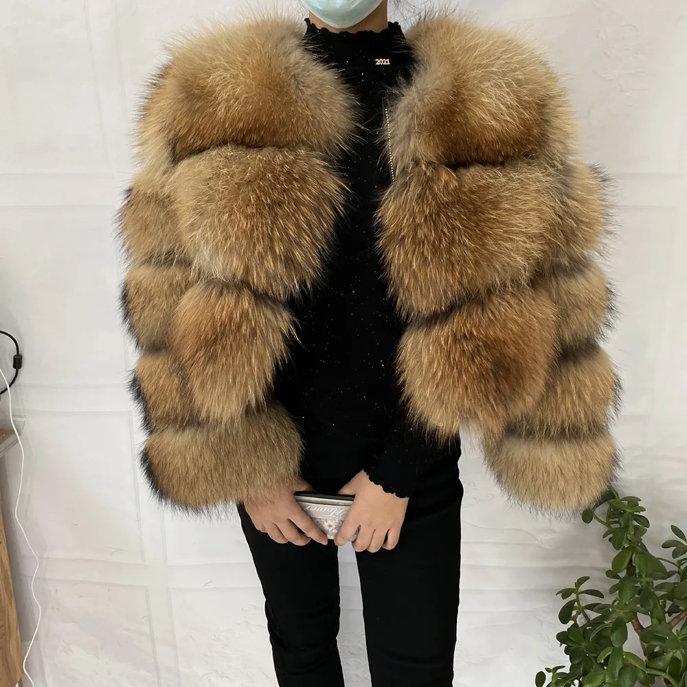 Natural Raccoon Real Raccoon Coat Women Winter Warm Thick Natural Coats Long Sleeve Plus/Size