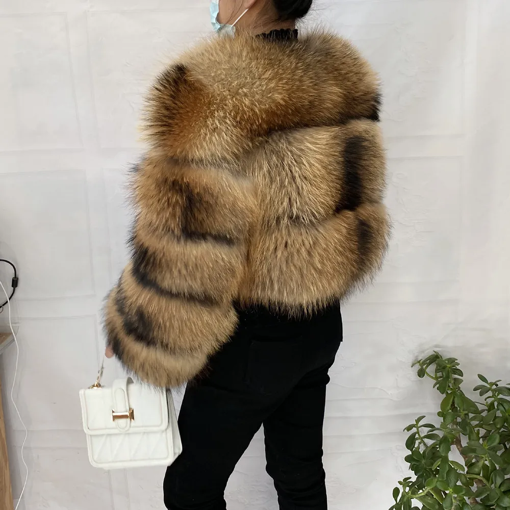 Natural Raccoon Real Raccoon Coat Women Winter Warm Thick Natural Coats Long Sleeve Plus/Size