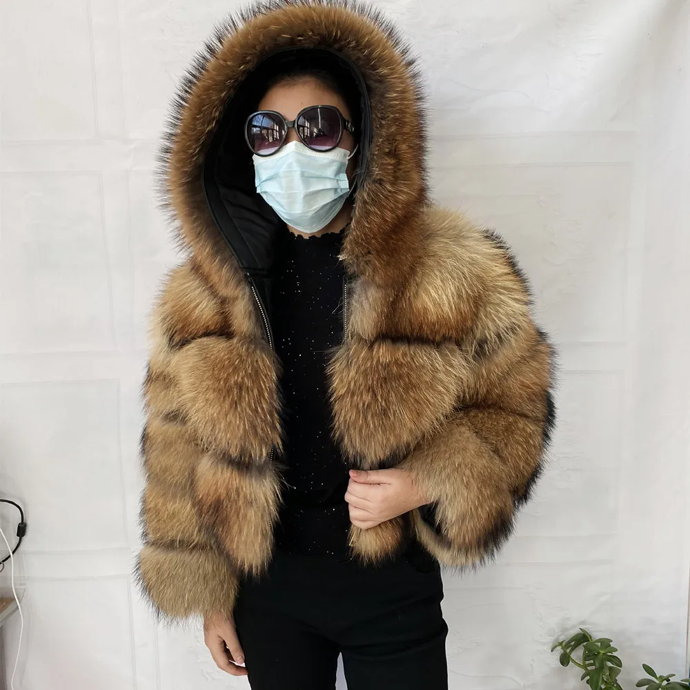 Natural Raccoon Real Raccoon Coat Women Winter Warm Thick Natural Coats Long Sleeve Plus/Size