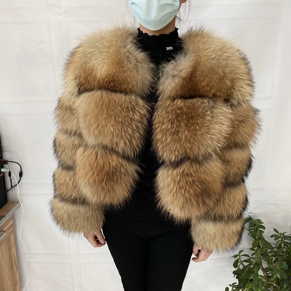 Natural Raccoon Real Raccoon Coat Women Winter Warm Thick Natural Coats Long Sleeve Plus/Size