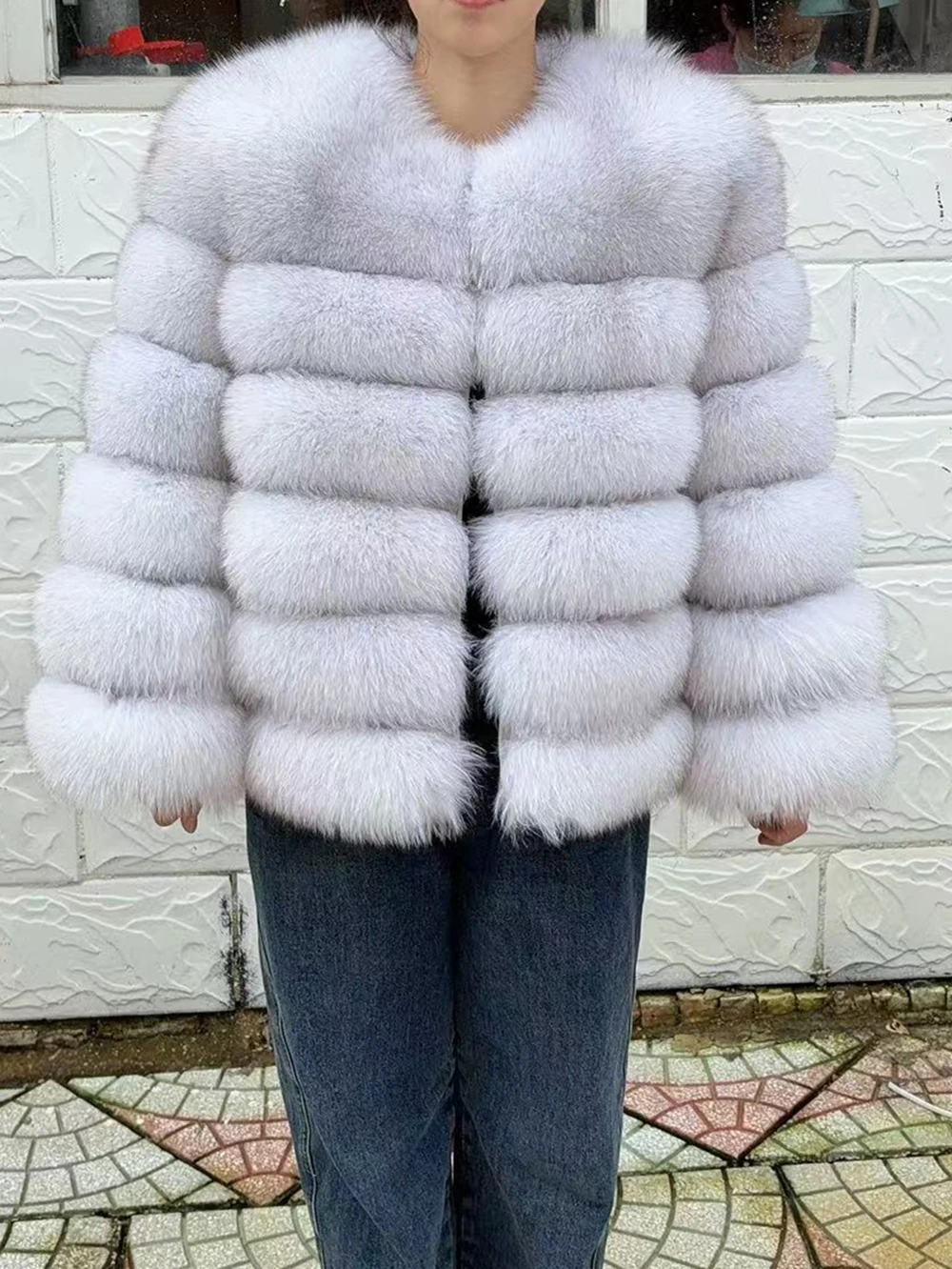 QUEENTINA 60cm Fox Fur Coat Real Winter Women'S New Fashion Furry 2025 Leather And Skin White Natural New In Coats & Jackets