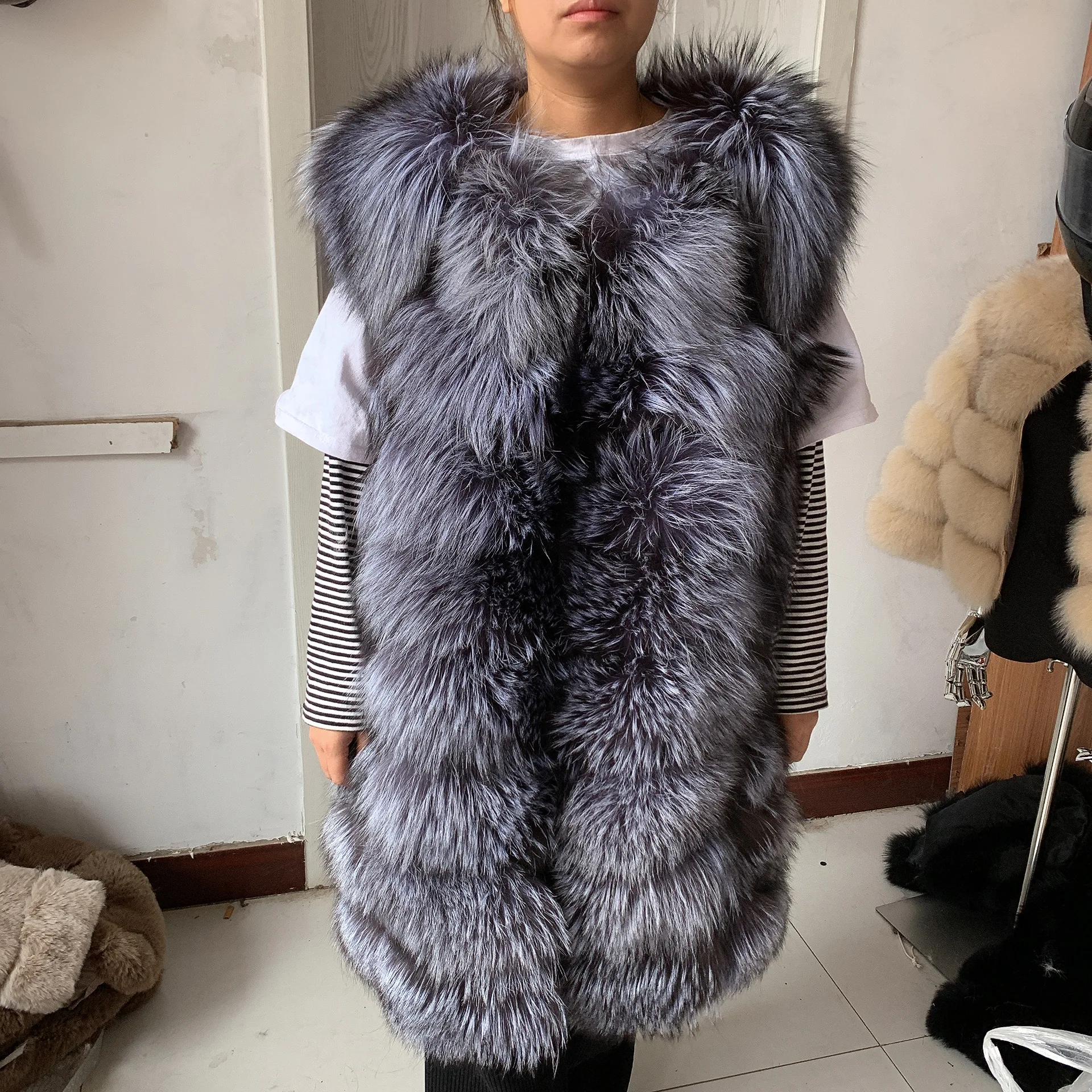 HUA QIU MEI SI Natural Fox Fur Vest Long Style Lady Warm Vest Multicolor 100% Natural Fur Coat Fox Fur Vest