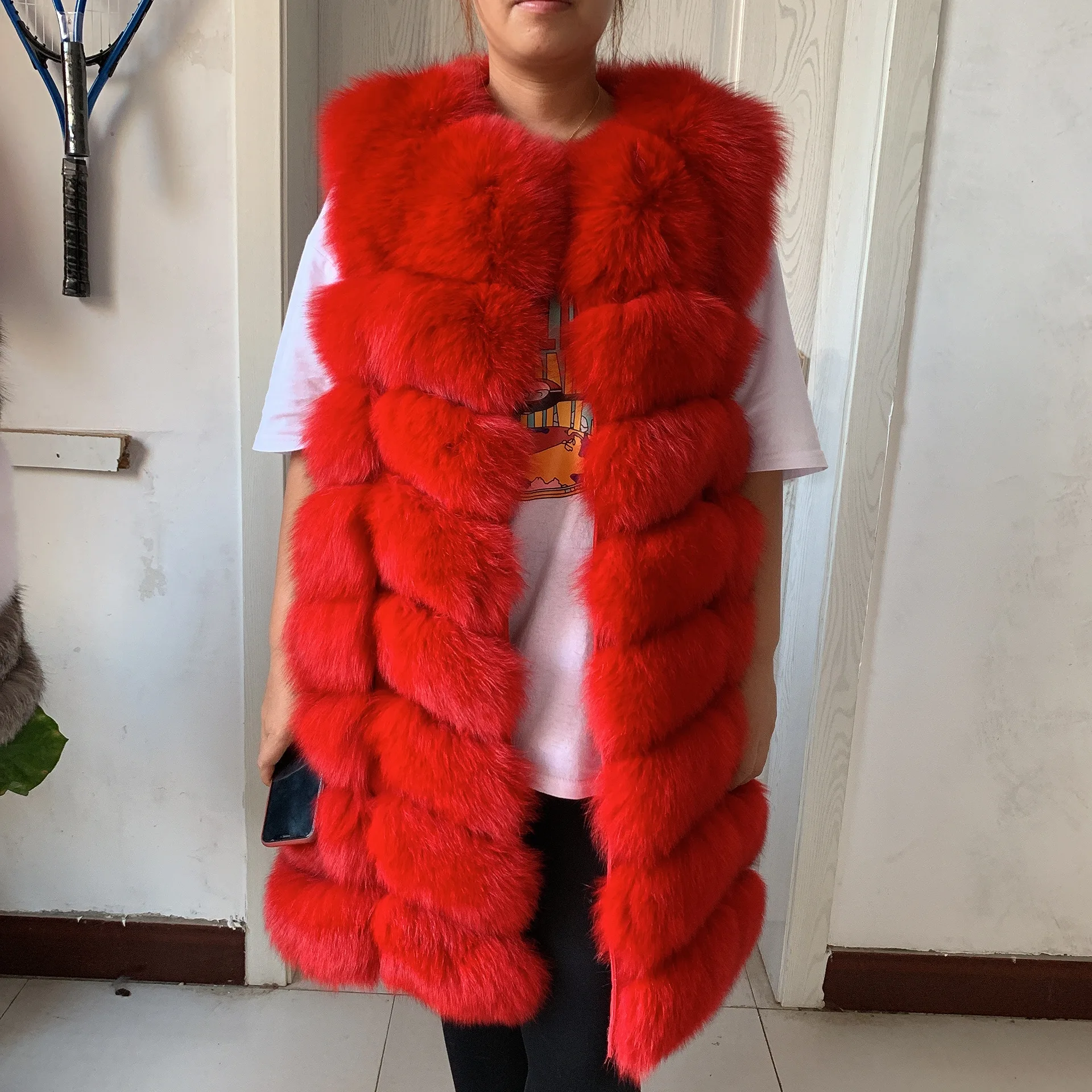 HUA QIU MEI SI Natural Fox Fur Vest Long Style Lady Warm Vest Multicolor 100% Natural Fur Coat Fox Fur Vest